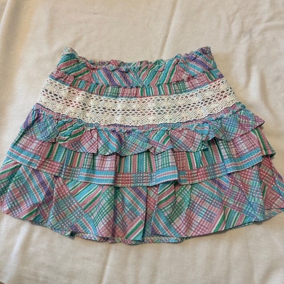 NEW Love Shack Fancy Small Corbett Mini Skirt in Candyland Print ~ Plaid Crochet - Picture 2 of 8